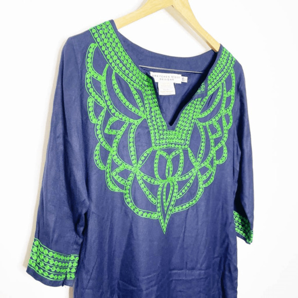 GRETCHEN SCOTT Designs Embroidered Tunic Dress navy green shift pashmina XS - Picture 3 of 6